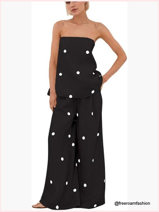 Pants - Polka Dot 2 Piece Outfit Strapless Tube Top Wide Leg Pants Summer Set